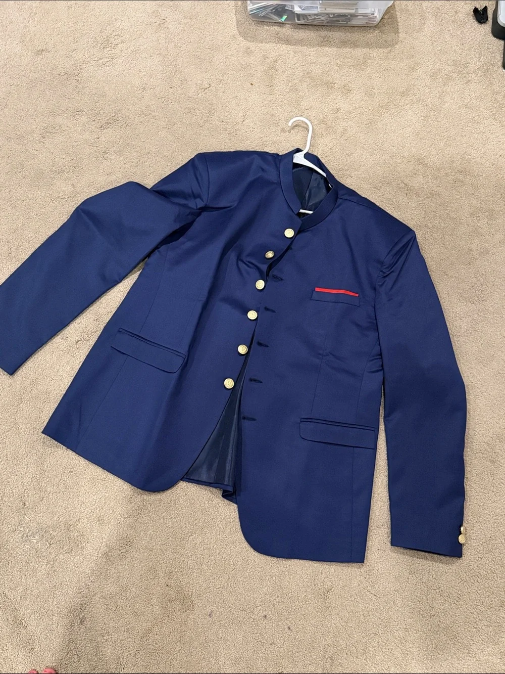Men's Navy Mandarin-Collar Blazer with Gold Buttons